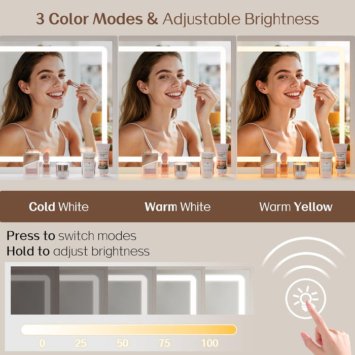 Vanity Desk with LED Mirror and 3 Light Modes, Makeup Vanity Table with Power Outlet, 4 Drawers and Hidden Storage Chair for Bedroom, White