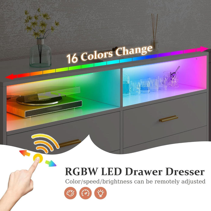 White Dresser with LED Lights, 6 Drawers & 2 Open Shelves Top Dresser for Bedroom, Wood Chests of Drawers