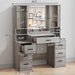 Vanity Desk with Mirror and Lights, Makeup Vanity with 7 Drawers, 2 Glass Door Cabinets, Charging Station, Adjustable Shelves, RGB Lighting, Holder