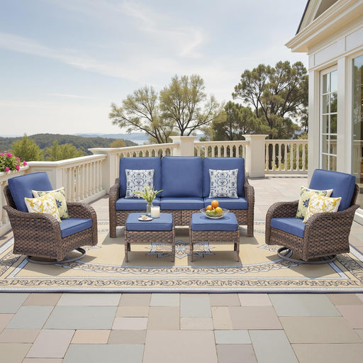 Outdoor Patio Furniture Set-5 Pieces All-Weather Wicker Outdoor Furniture with High Back Outdoor Swivel Rocking Chairs Outdoor Patio Conversation Sets for Garden Porch Deck Brown/Blue