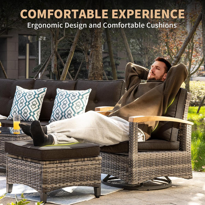 10 Pieces Patio Furniture Sets,Wicker Patio Conversation Sets with 4 Wood Armrests Swivel Glide Chairs, 2 Ottoman, 3-Seat Sofa and Coffee Table (Black)