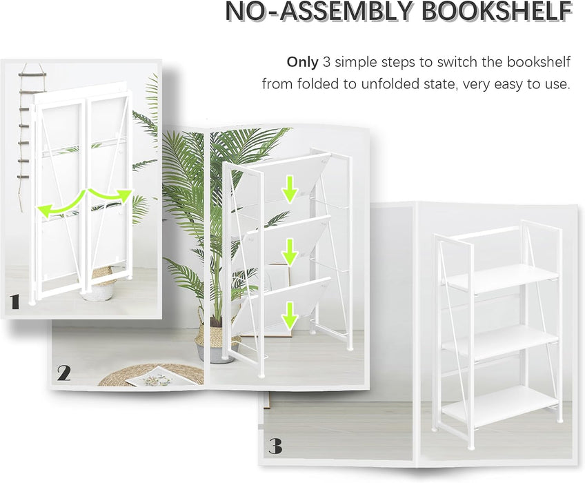 No Assembly Folding Bookshelf Storage Shelves 3 Tier Vintage Bookcase Standing Racks for Bedroom Living Room Home Office