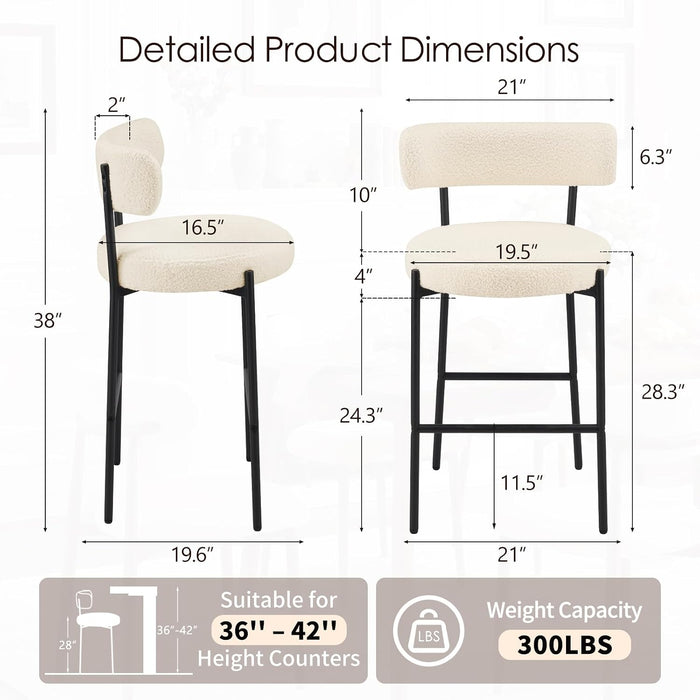 28'' Bar Stools Set of 3, Modern Boucle Counter Height Bar Stools with Ergonomic Curved Back, Upholstered Kitchen Stools, Barstools for Kitchen Island, Bar, Cafe, White