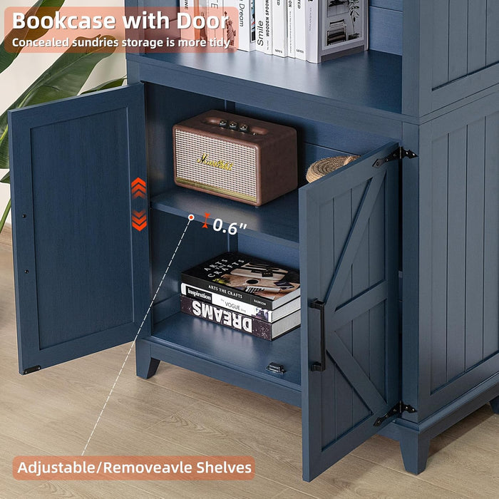 70In Tall Bookshelf 5 Tier Bookcase with Barn Doors and Adjustable Shelves, Blue Farmhouse Book Shelf with Storage Cabinet, Wood Freestanding Display Bookshelves for Bedroom, Living Room