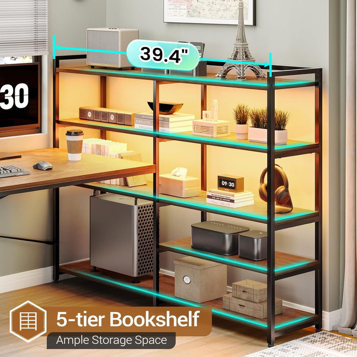 L Shaped Desk with Storage Shelves, 64.5" Reversible U Shaped Office Desk with 3 Fabric Drawers, Gaming Desk with Power Outlet & LED Strip for Home Office, Rustic Brown