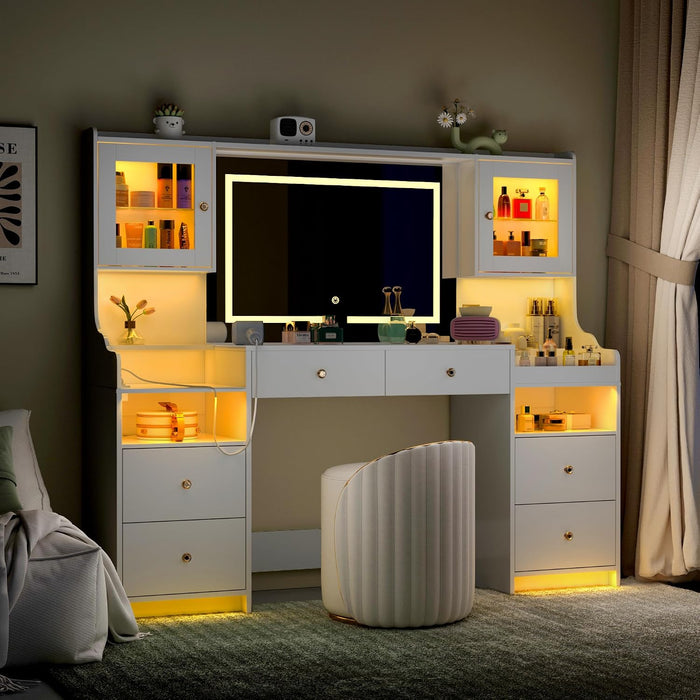 62" Large White Vanity Desk with Glass Top, Makeup Vanity with Mirror and LED Lights, One Piece Controls 3 Lighting Modes, 4 Drawers Vanity with 2 Cabinets and Power Outlet for Women, Girls