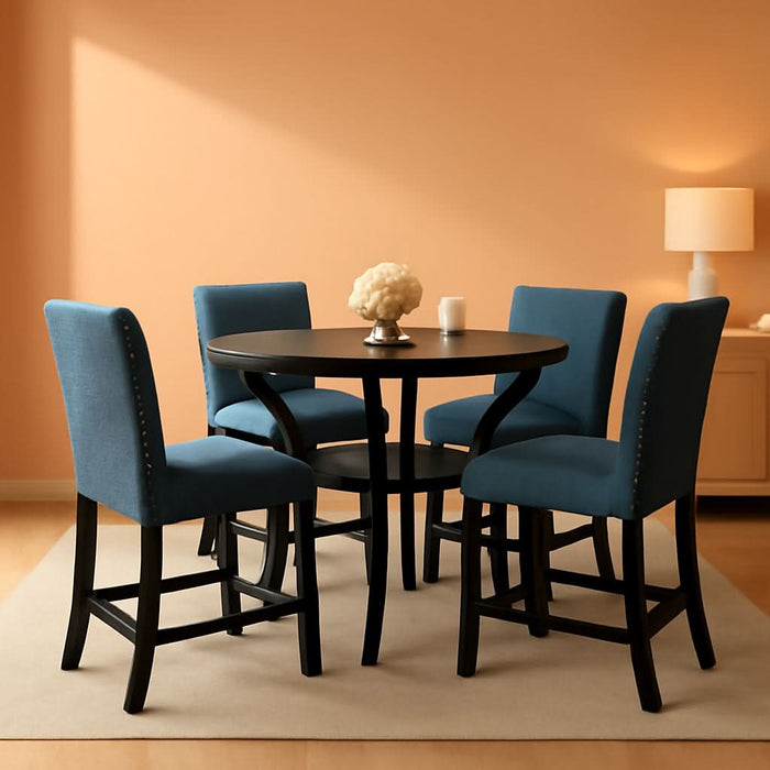 Collection Biony Espresso Wood Counter Height Dining Set with Blue Fabric Nailhead Stools,