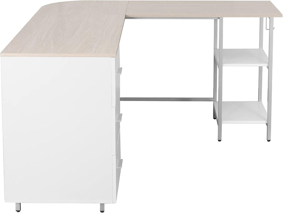 L Shaped Desk - Two-Toned Computer Desk with Drawers & Storage Shelves - Simple Modern Furniture & Home Office Space Corner Table for Work & Writing