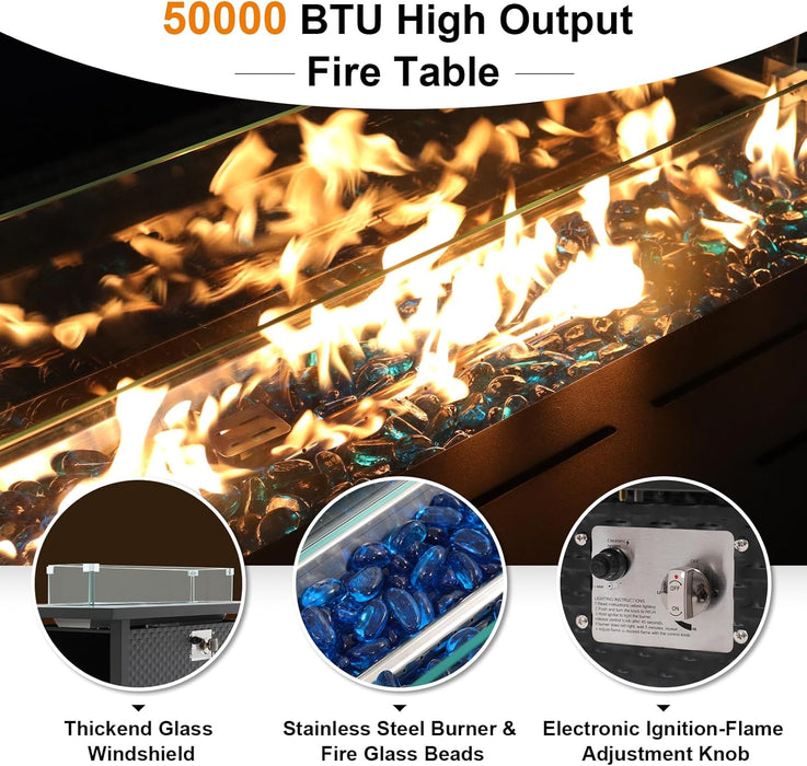 8 Pieces Rattan Patio Furniture Set with 45” Fire Pit Table, Outdoor Conversation Set with 50000 BTU Gas Fire Pit, Wicker Sectional Sofa with Storage Box and Cushions, Beige (Without Table)