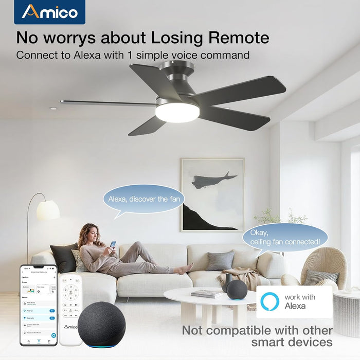 42 Inch Smart Ceiling Fans with Lights, Small Low Profile Ceiling Fan, Remote/Alexa Voice Control, Flush Mount, Reversible DC Motor, 5 Blades, 6 Speeds, 3CCT, Dimmable, Noiseless, Bedroom, Black