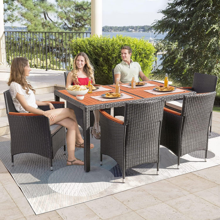 7 Piece Patio Dining Set Outdoor Acacia Wood Table and Chairs with Soft Cushions Wicker Patio Furniture for Deck, Backyard, Garden