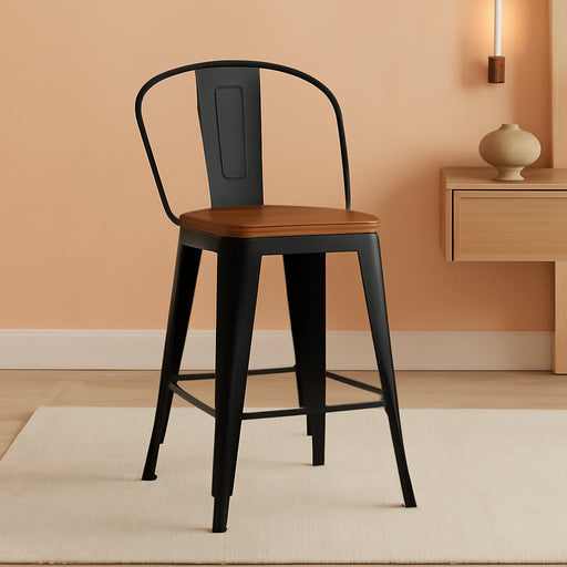 Metal Bar Stools Set of 4,24 Inch Barstools Counter Height Barstools with Backs Farmhouse Bar Stools with Larger Seat High Back Kitchen Dining Chairs Modern Bar Chairs Matte Black Stool