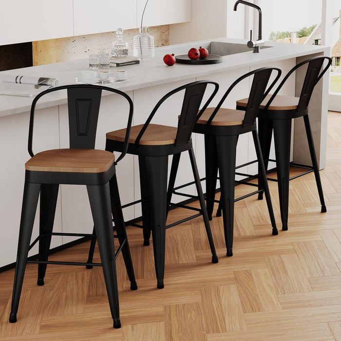 Metal Bar Stools Set of 4,24 Inch Barstools Counter Height Barstools with Backs Farmhouse Bar Stools with Larger Seat High Back Kitchen Dining Chairs Modern Bar Chairs Matte Black Stool
