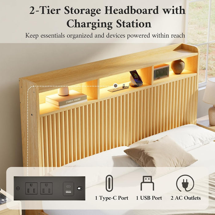Full Size Bed Frame with Headboard and Storage Drawers, Full Platform Bed Frame with LED Lights and Charging Station, Fluted Wood Grain Design, No Box Spring Needed, Oak