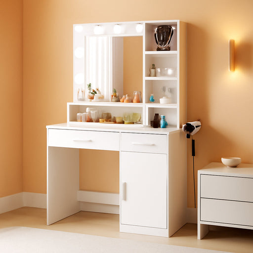 3 Lighting Modes Adjustable Brightness, with LED Lights and Mirror, with Power Outlets and 2 Drawers, 4 Storage Shelves Cabinet, White Makeup Table, Vanity Desk, Dressing Table for Bedroom