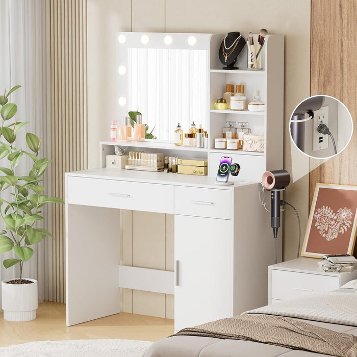 3 Lighting Modes Adjustable Brightness, with LED Lights and Mirror, with Power Outlets and 2 Drawers, 4 Storage Shelves Cabinet, White Makeup Table, Vanity Desk, Dressing Table for Bedroom