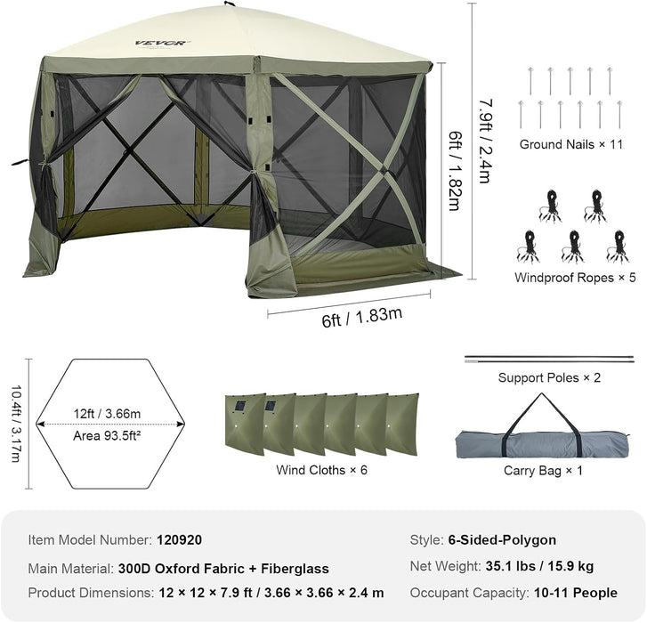 12X12Ft Pop up Gazebo Tent with Mosquito Netting, 6 Removable Wind Panels & 2 Mesh Windows, Outdoor Canopy Shelter for Patio, Army Green