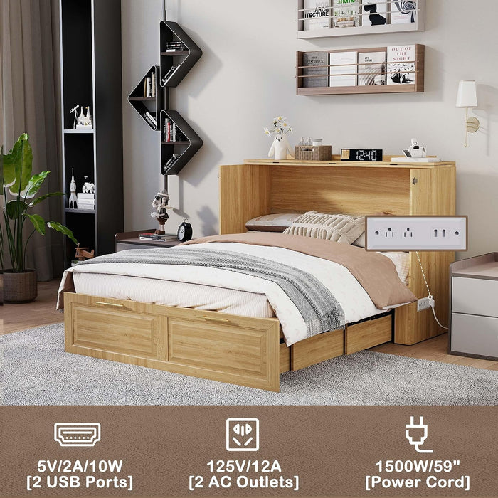 AgedOakFinish FullSize Murphy Bed Cabinet HiddenDrawer