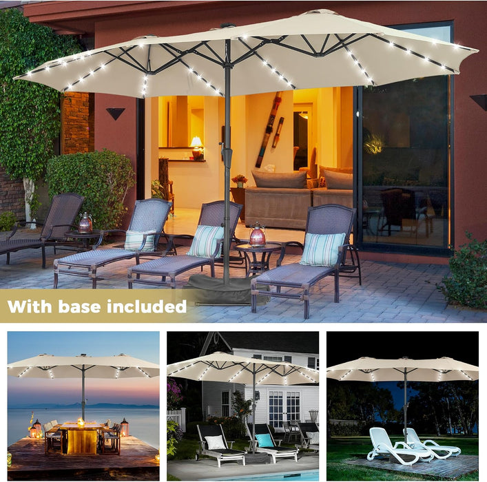 15Ft Double Sided Patio Umbrella with Solar Lights, Outdoor Large Umbrellas with Crank Handle and 48 LED Lights, Rectangular Market Umbrella with Base Included for Deck Pool Shade
