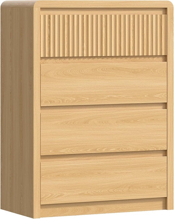 Fluted 4 Drawer Dresser for Bedroom, 40” Tall Modern Dresser & Chest of Drawers with Curved Profile Design, Wood Mid Century Dressers for Bedroom, Living Room, Oak