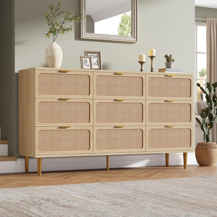 Rattan 9 Drawer Dressers for Bedroom, Tall Dresser with Deep Drawers, Large Chest of Drawers for Closet with Wide Top, Long Wooden Dresser for Living Room, Hallway, Kids Room, Natural