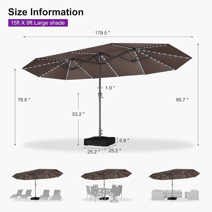 15Ft Double-Sided Patio Umbrella with Base and Solar Lights Outdoor Market Umbrella with Crank Handle Rectangle Umbrella for Backyard Pool Garden Deck, Taupe