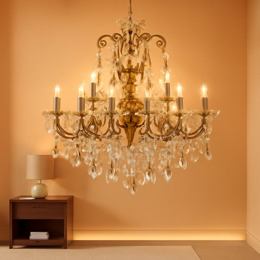 Vintage Brass Crystal Chandelier Large Candle Style Pendant Light