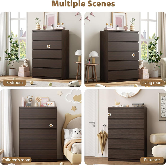 Modern 5 Drawer Dresser for Bedroom, 15" D X 23.7" W X 40.4" H in Simply Chest of Drawers (Brown)