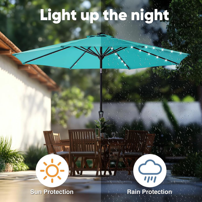 Outdoor Solar Patio Umbrella with 32 LED Lights, Beach Market Table Umbrella with Crank and 8 Sturdy Ribs for Pool, Terrace, Restaurant