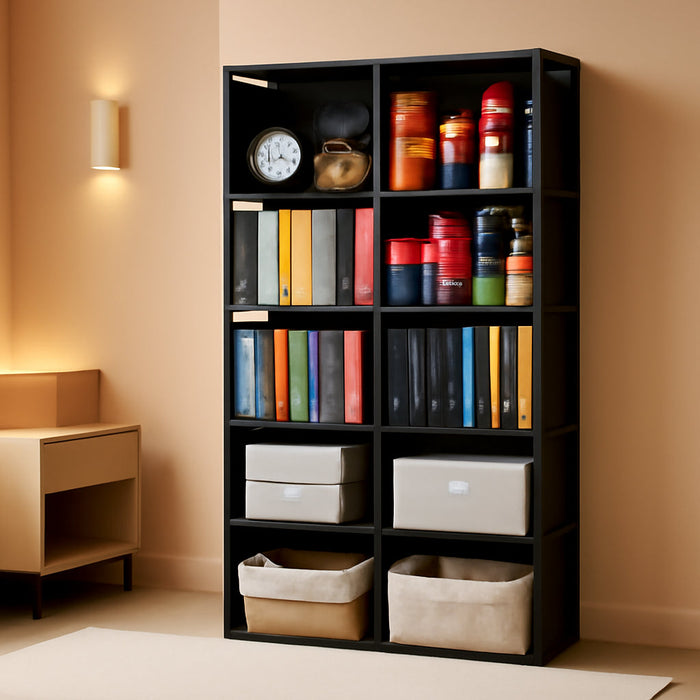 6-Tiers Portable Bookshelf with Fabric Cloth at Back, 10 Cube Closet Storage Organizer Bookcase, Living Room,Study Room,Bedroom, Black