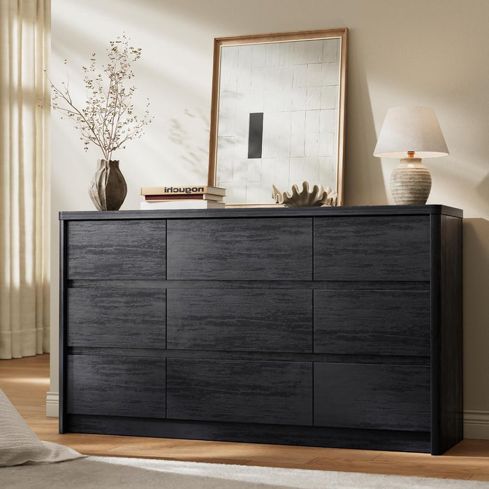 Modern 9 Drawers Dresser for Bedroom, 55" Wide Bedroom Dressers & Chest of Drawers W/Curved Profile, Mid Century Wood Dressers with Handleless Design, Large Dresser for Bedroom Living Room