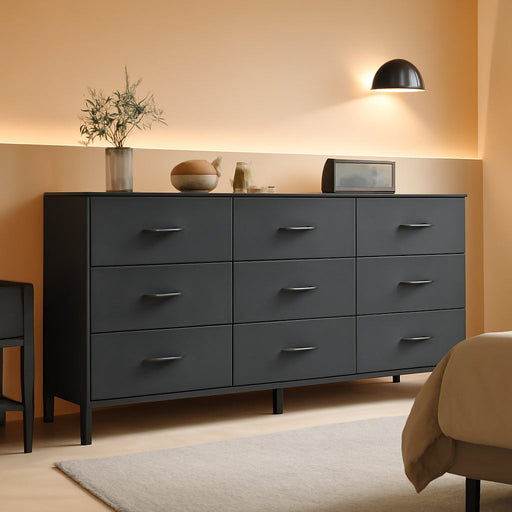 9 Drawer Dresser, 47 Inch Dresser TV Stand for 50, 55 Inch TV, Entertainment Center with Drawers, Fabric Dresser Chest of Drawer for Bedroom, Closet, Black