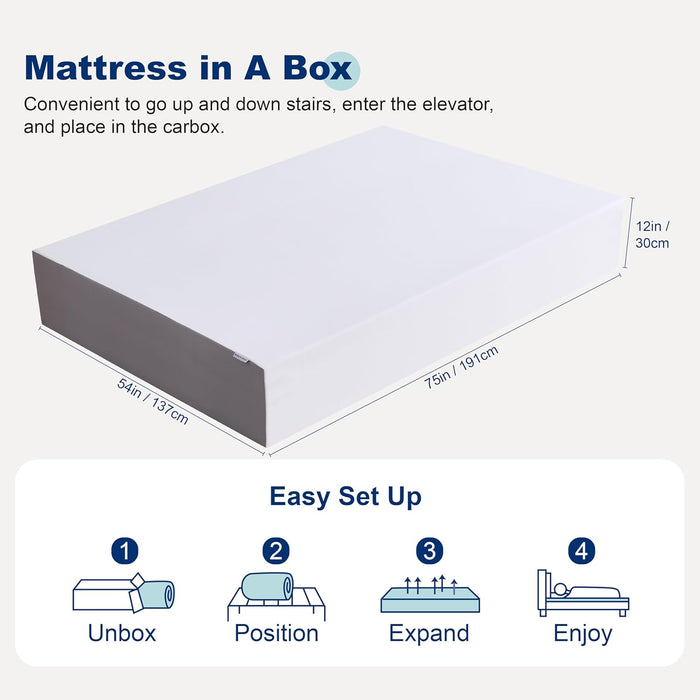 Memory Foam Mattress, Soft Plush Feel, 12 Inch, Full, White/Grey