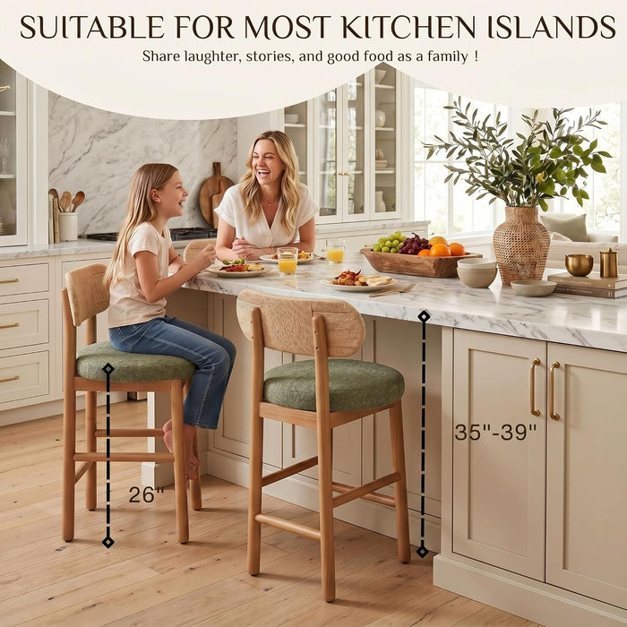 Counter Height Bar Stools Set of 2, Modern Upholstered round Counter Stools with Natural Woven Rope Back and Solid Wood Legs, Boho Barstools for Kitchen Island/Home Bar/Oatmeal - Green Chenille