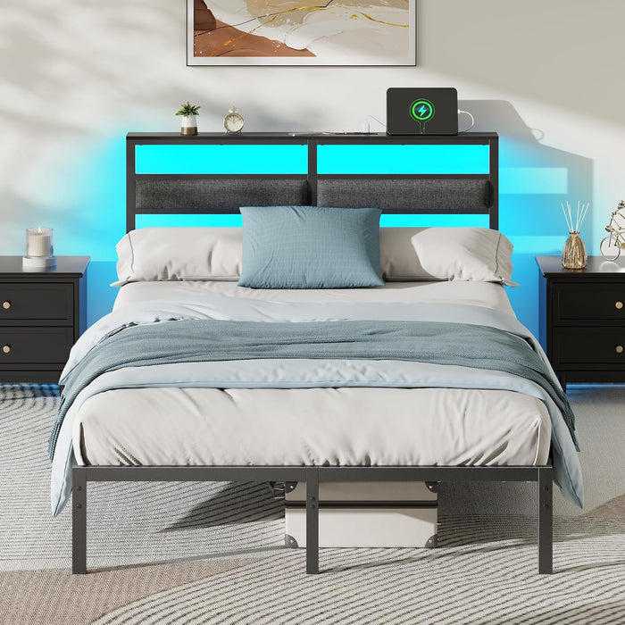 Full Size Bed Frame with LED Lights & Charging, Black Platform Bed
