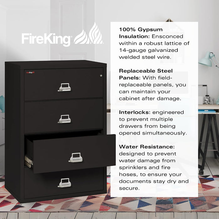 Fireproof Lateral File Cabinet (4 Drawers, Impact Resistant, Water Resistant), 38" W X 22" D, Black, Made in USA