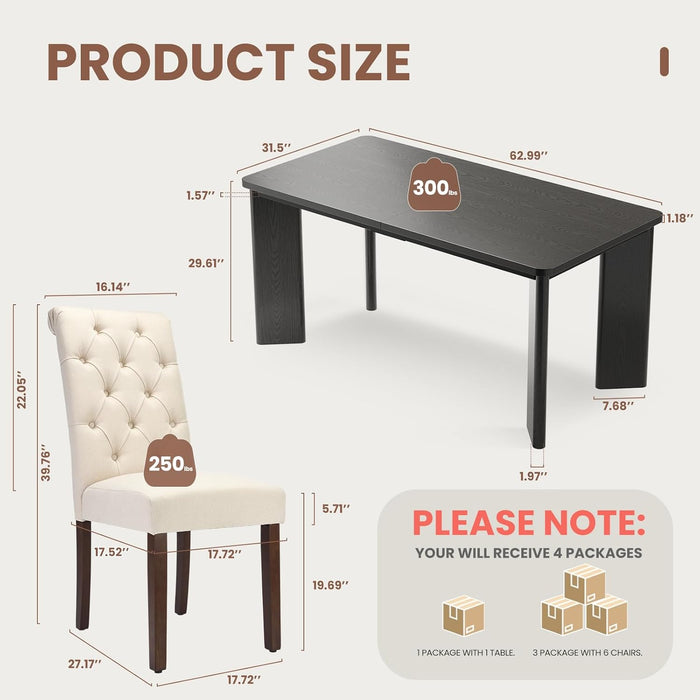 7-Piece Rectangular Dining Table Set for 6, 63" Industrial Kitchen Table with 6 Tufted Parsons Dinner Chairs for Dining Room, Kitchen, Living Room, Black+Beige