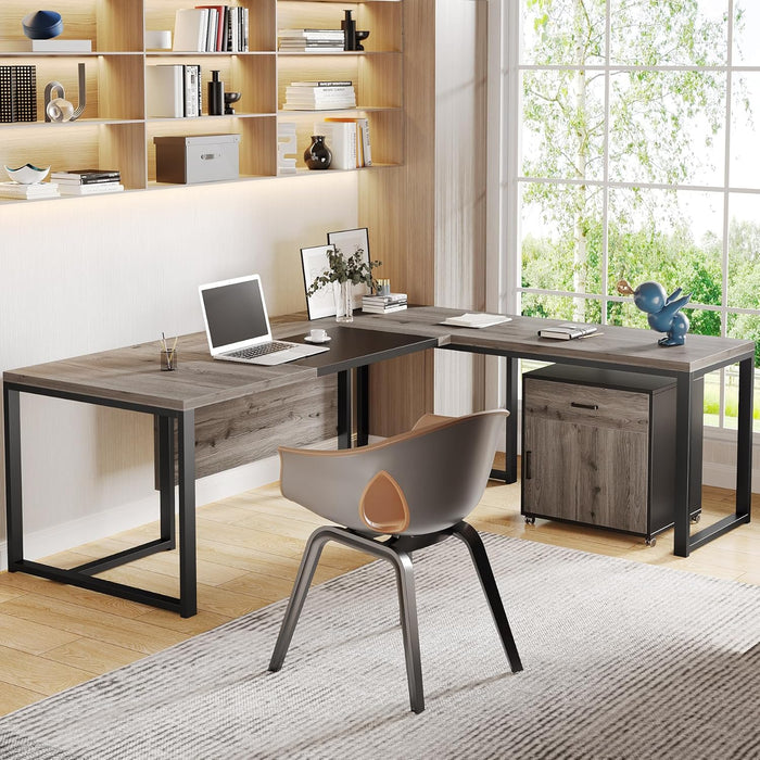 ExtraLarge LShaped Executive Desk RetroGray Drawer Cabinet
