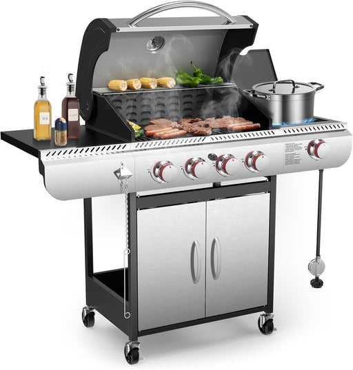 4-Burner Gas BBQ Grill with Side Burner, Porcelain-Enameled Cast Iron Grates, Baking Pan, 42,000 BTU Stainless Steel Propane Grill for Outdoor Cooking and Patio Barbecues