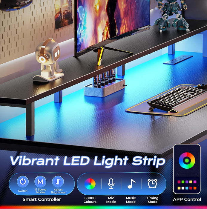 55 Inch Gaming Desk, LED & Power Outlets, Monitor Stand, Black