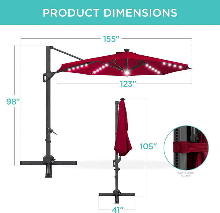 10Ft Solar LED Cantilever Patio Umbrella, 360-Degree Rotation Hanging Offset Market Outdoor Sun Shade for Backyard, Deck, Poolside W/Lights, Easy Tilt, Cross Base