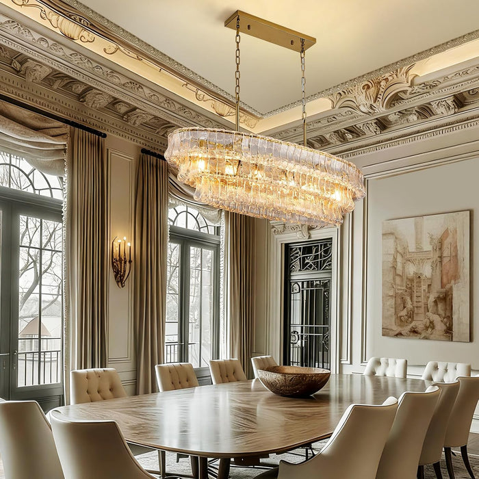 39In Large Chandelier Gold, Modern Dining Room Light Fixtures, 3 Layer Luxury Glass Chandelier 6 Light Rectangular Chandeliers for Dining Room Kitchen Island Living Room (Clear Glass)