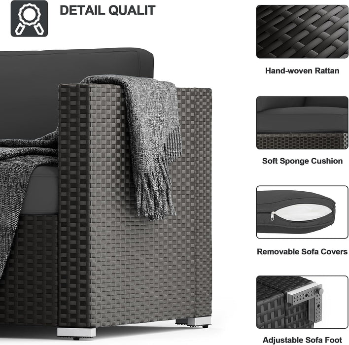8-Piece Outdoor Patio Furniture Sofa Set All-Weather Wicker Sectional Conversation Set with Modern Glass Coffee Table, Cushions and Fire Pit Table, Dark Grey