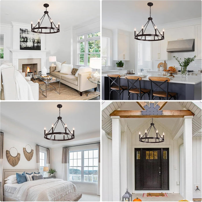 8 Light Wagon Wheel Chandelier, 23.6" Oil-Rubbed Bronze Dining Room Light Fixture with Adjustable Height, Industrial Hanging Lights for Living Room Bedroom Foyer Entryway,E12 Base