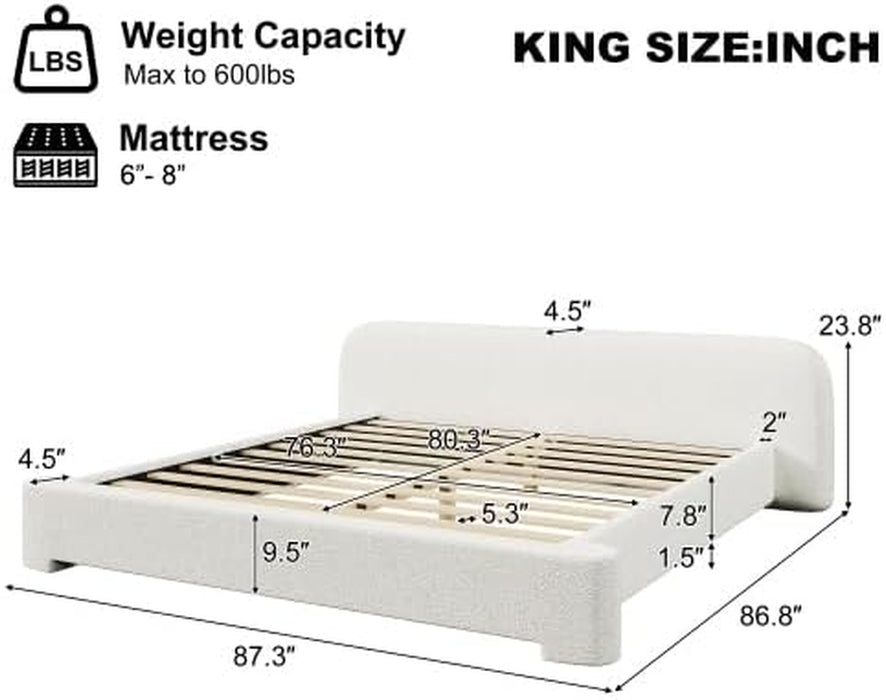 King Size Thick Bouce Fabric Upholstered Platform Bed with Curved Shaped Headboard, Wood Bed Frame for Kids Teens Adults, White