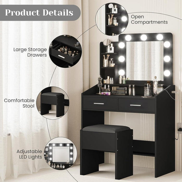 Black Vanity Table Set with Mirror – Dimmable LED Lights, Built-In Power Outlet, 7 & 2 Storage Drawers, Cushioned Stool, Adjustable Light Color, Hairdryer Holder – Bedroom, Black