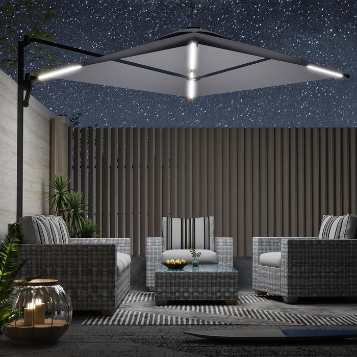 10Ft Solar LED Wall Mounted Outdoor Patio Umbrella, Rectangular Large Offset Cantilever Umbrellas with 180° Rotation Sun Awning for Deck Pool Garden Backyard, save Space, Grey