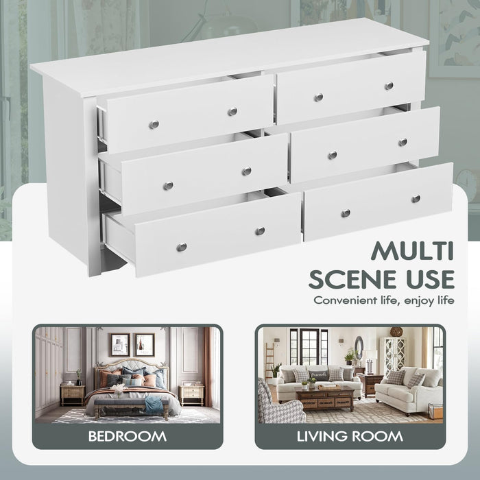 White Wood Dresser with 6 Drawer, 47.2‘’ Cabinets Dressers Wood Dresser Cabinet, Organizer Drawers for Bedroom, Living, Hallway