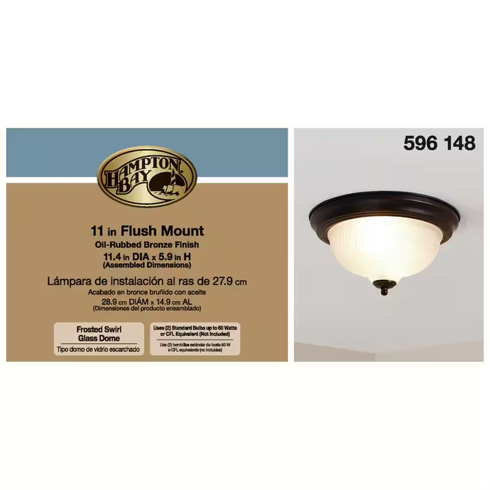 11 In. 2-Light Oil-Rubbed Bronze Flush Mount with Frosted Swirl Glass Shade