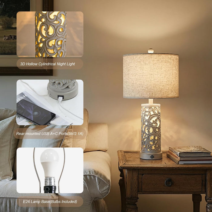 Bedside Table Lamps Set of 2 with USB & Night Light, 22'' Farmhouse Bedroom Lamps for Nightstand, Vintage Table Lamps for Bedroom Living Room Home Offce (Bulb Included)